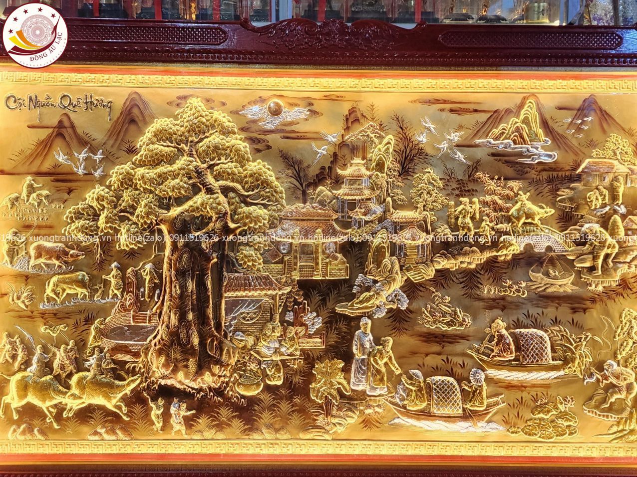 tranh coi nguon que huong dong vang nen xuoc dat vang bac khung duc 1m55x2m55 xuong tranh dong