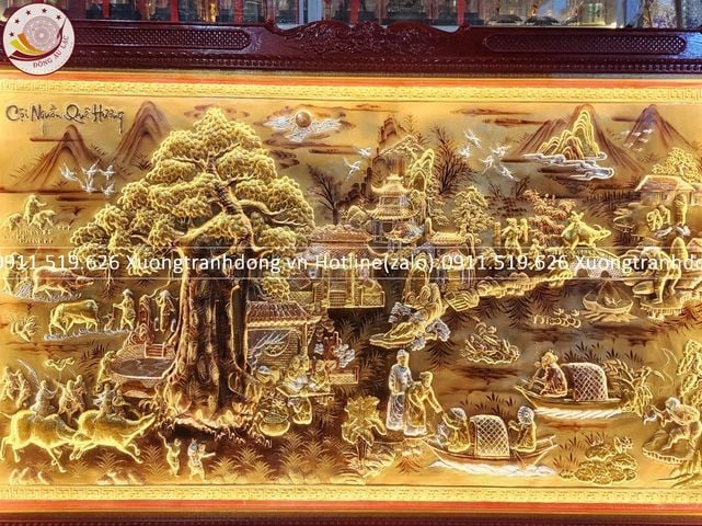 tranh coi nguon que huong bang dong vang dat vang bac khung duc hoa van kt 2m55x1m55