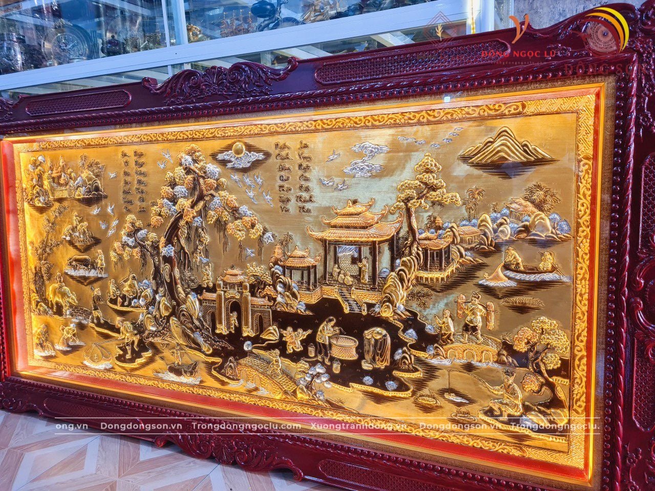 tranh dong que dong vang dat vang bac khung duc hoa van kich thuoc 1m7x90cm