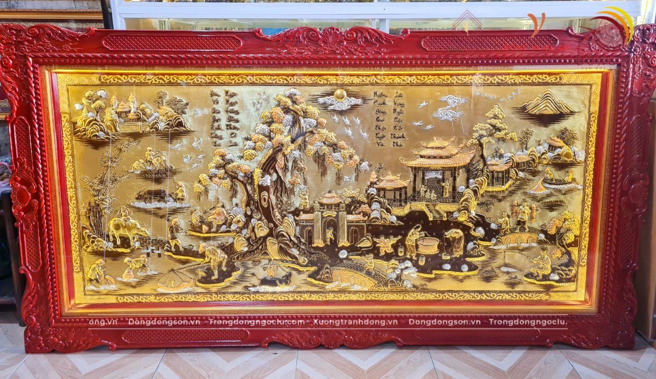 tranh dong que dong vang dat vang bac khung duc hoa van kich thuoc 1m7x90cm