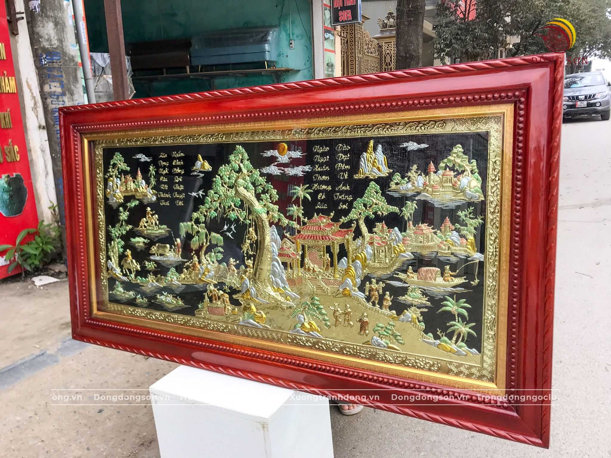 tranh dong que bang dong vang nguyen tam duoc ve nen kich thuoc 2m3x1m2