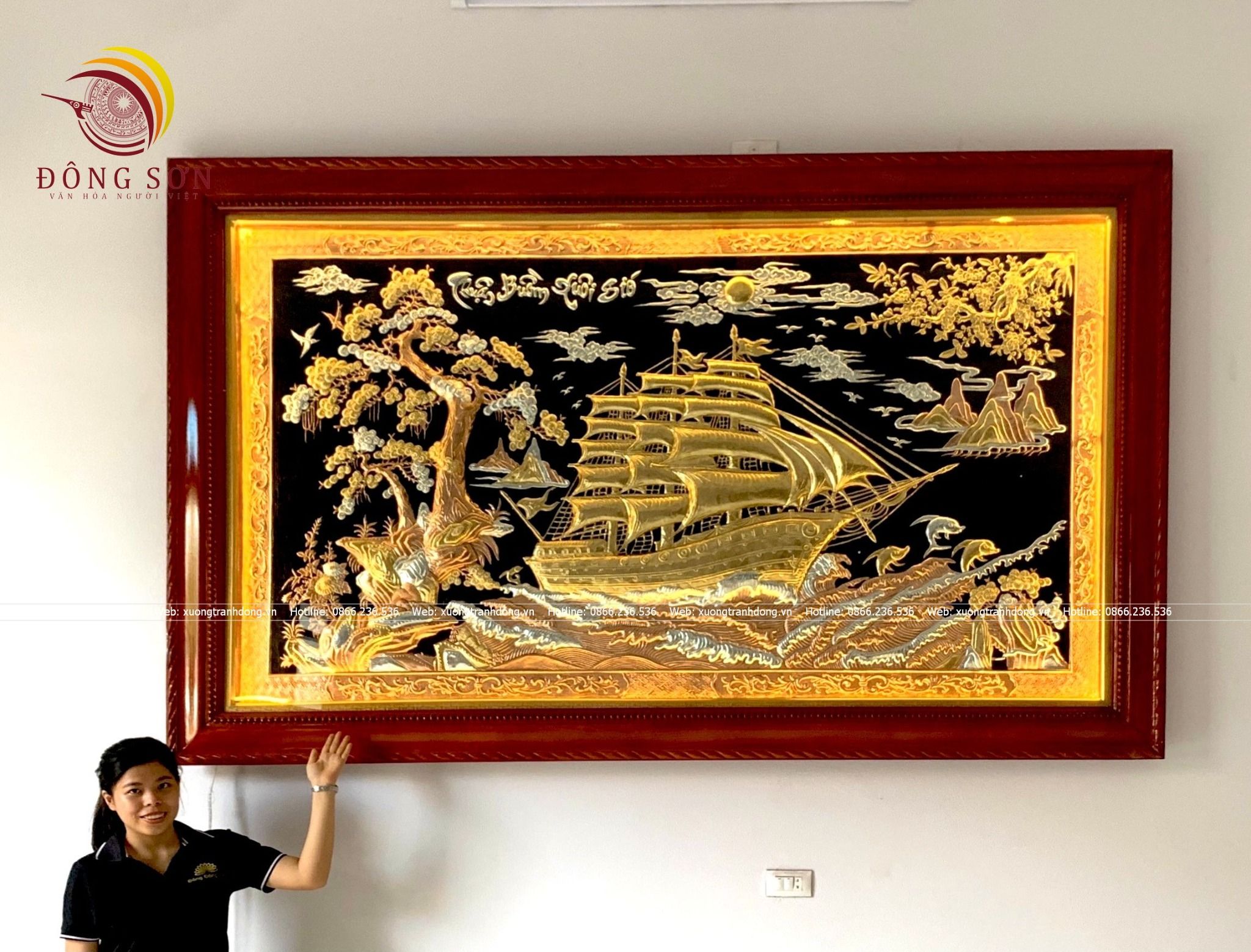 tranh thuan buom xuoi gio bang dong do dat vang nen den khung go xoan kt 2m55x1m55
