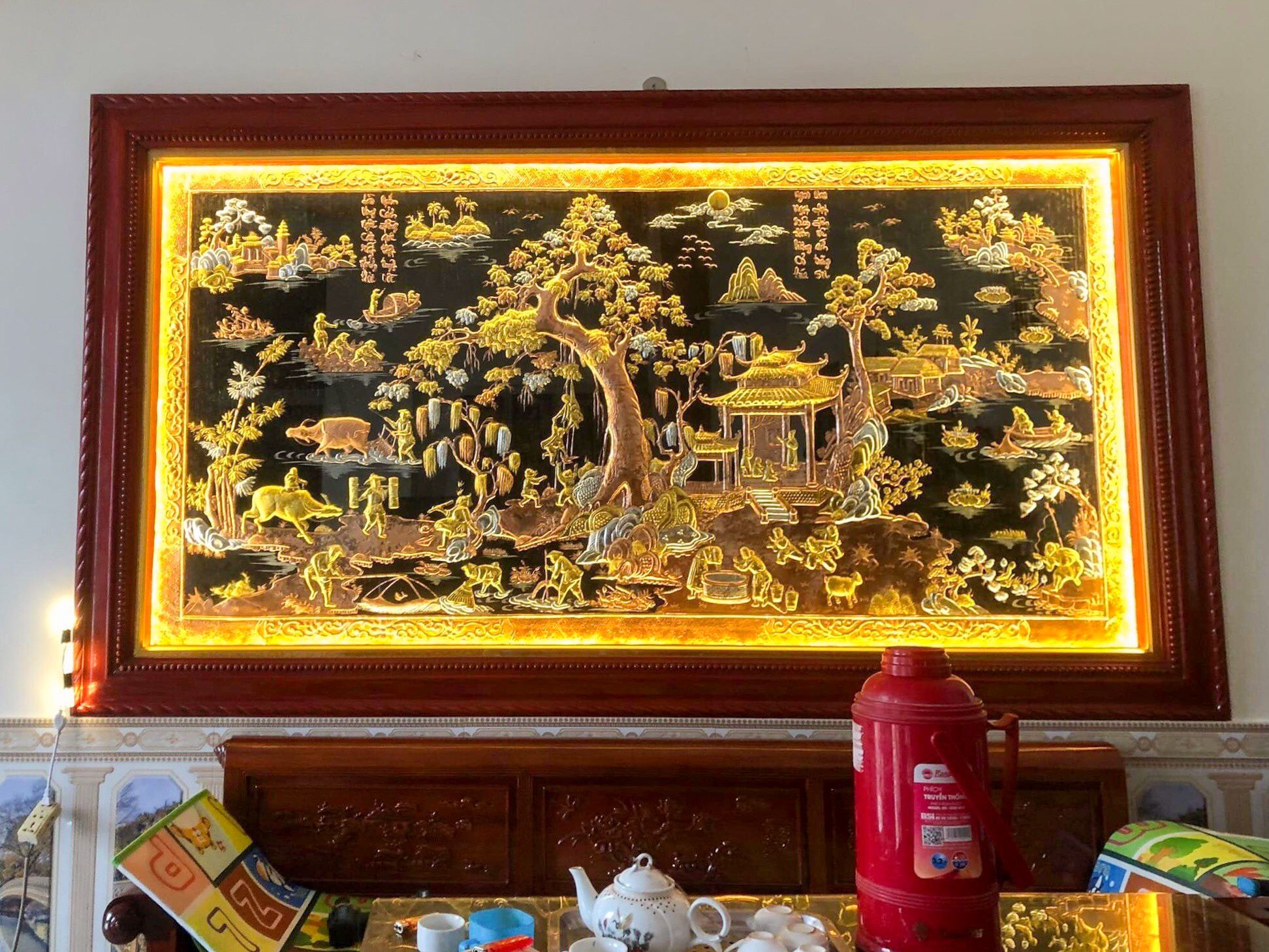 tranh dong que bang dong do dat vang bac kich thuoc 2m3x1m2