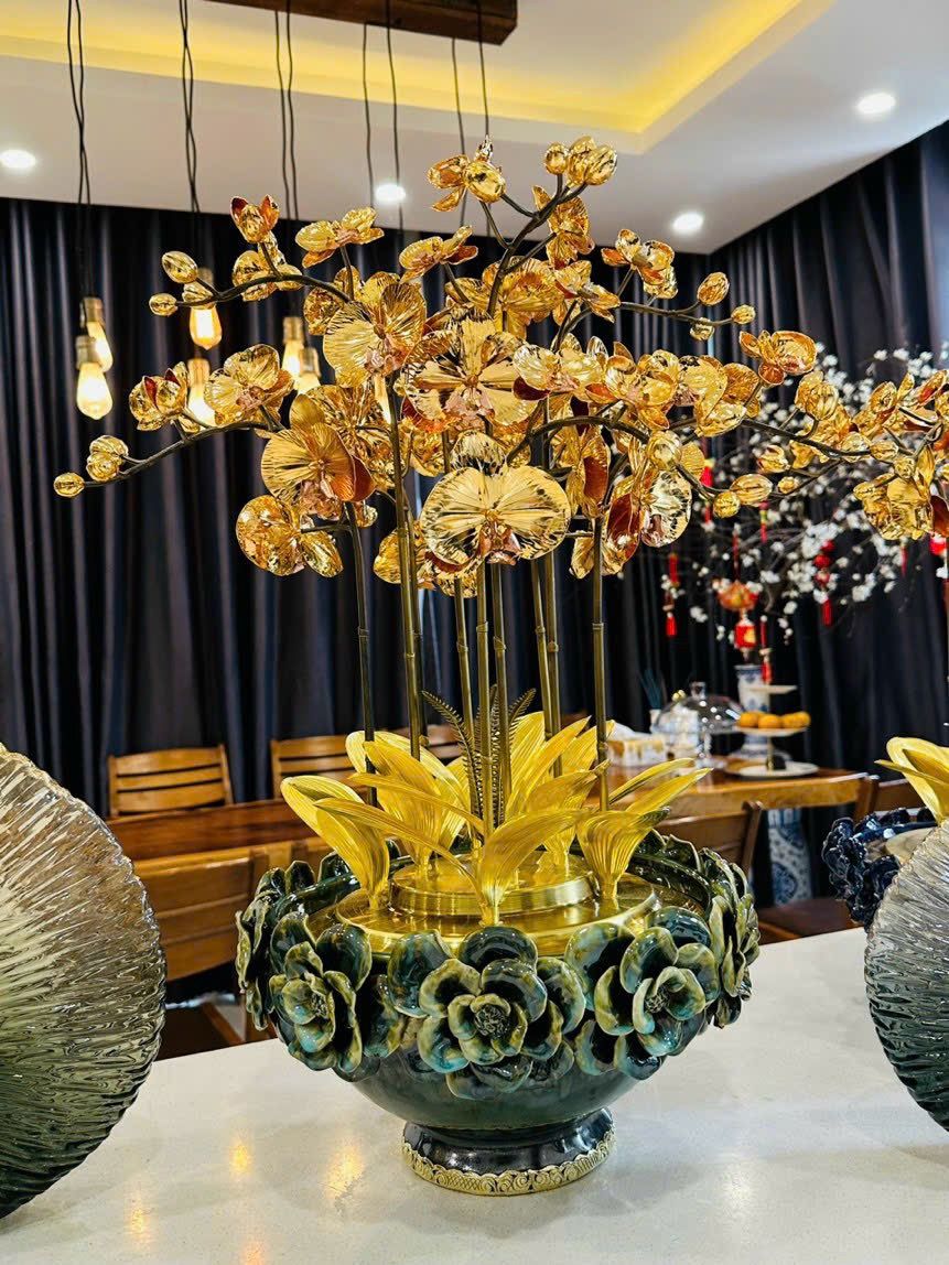 hoa lan 9 than dong vang ma vang 24k canh gia co cao 58cm mau 1 xuong tranh dong