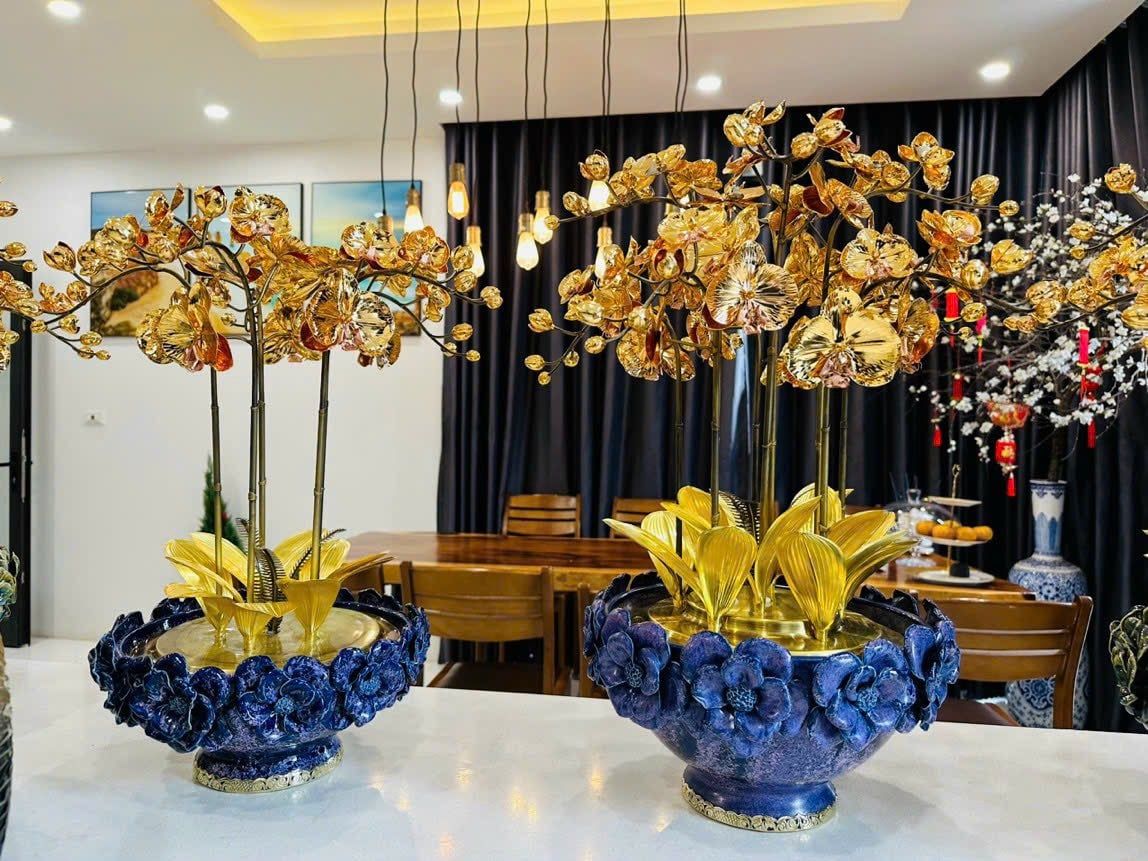 hoa lan 5 than dong vang ma vang 24k than gia co cao 48cm xuong tranh dong