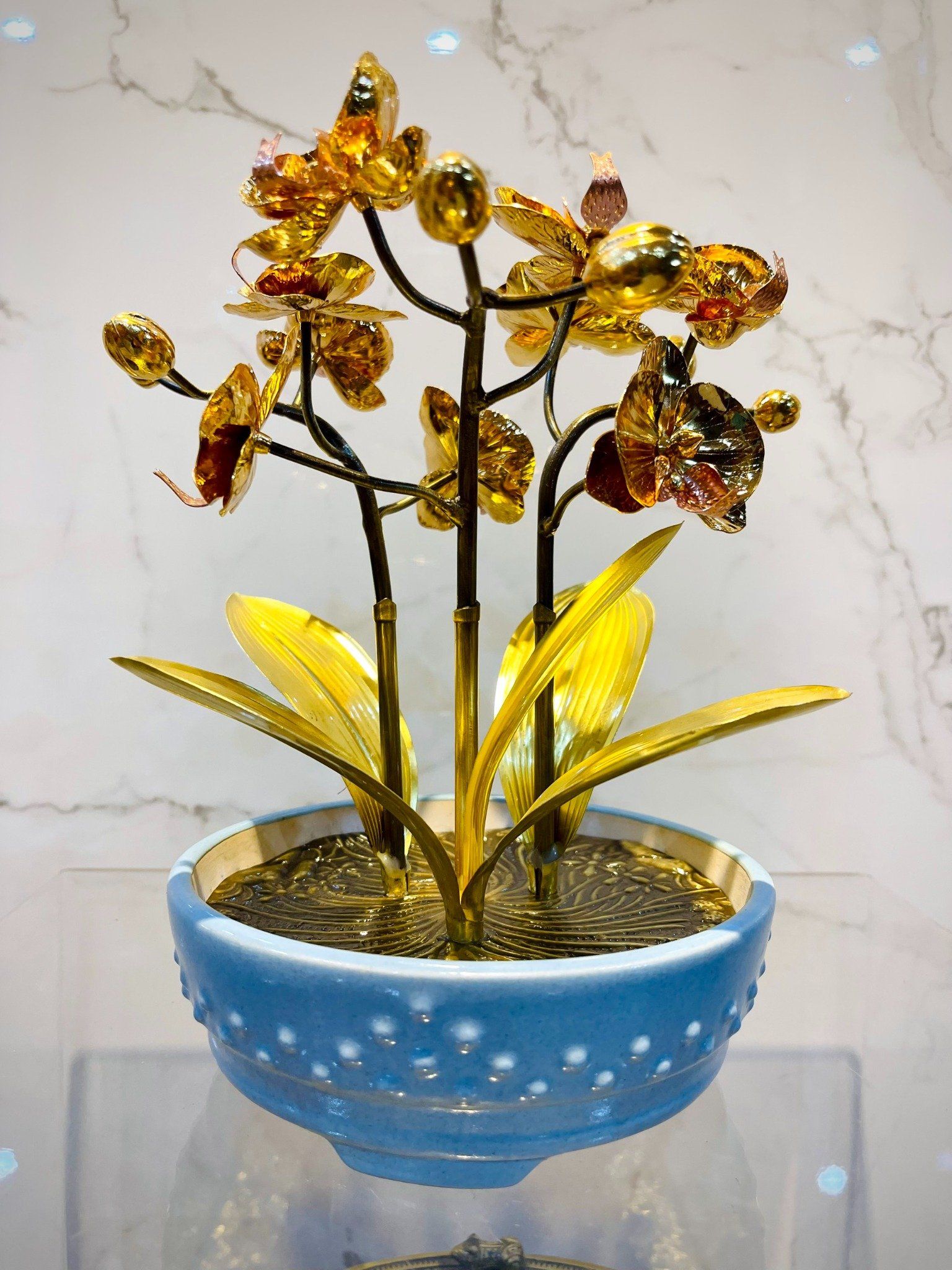 hoa lan 3 than dong vang gia co ma vang 24k cao 42cm mau 4 xuong tranh dong