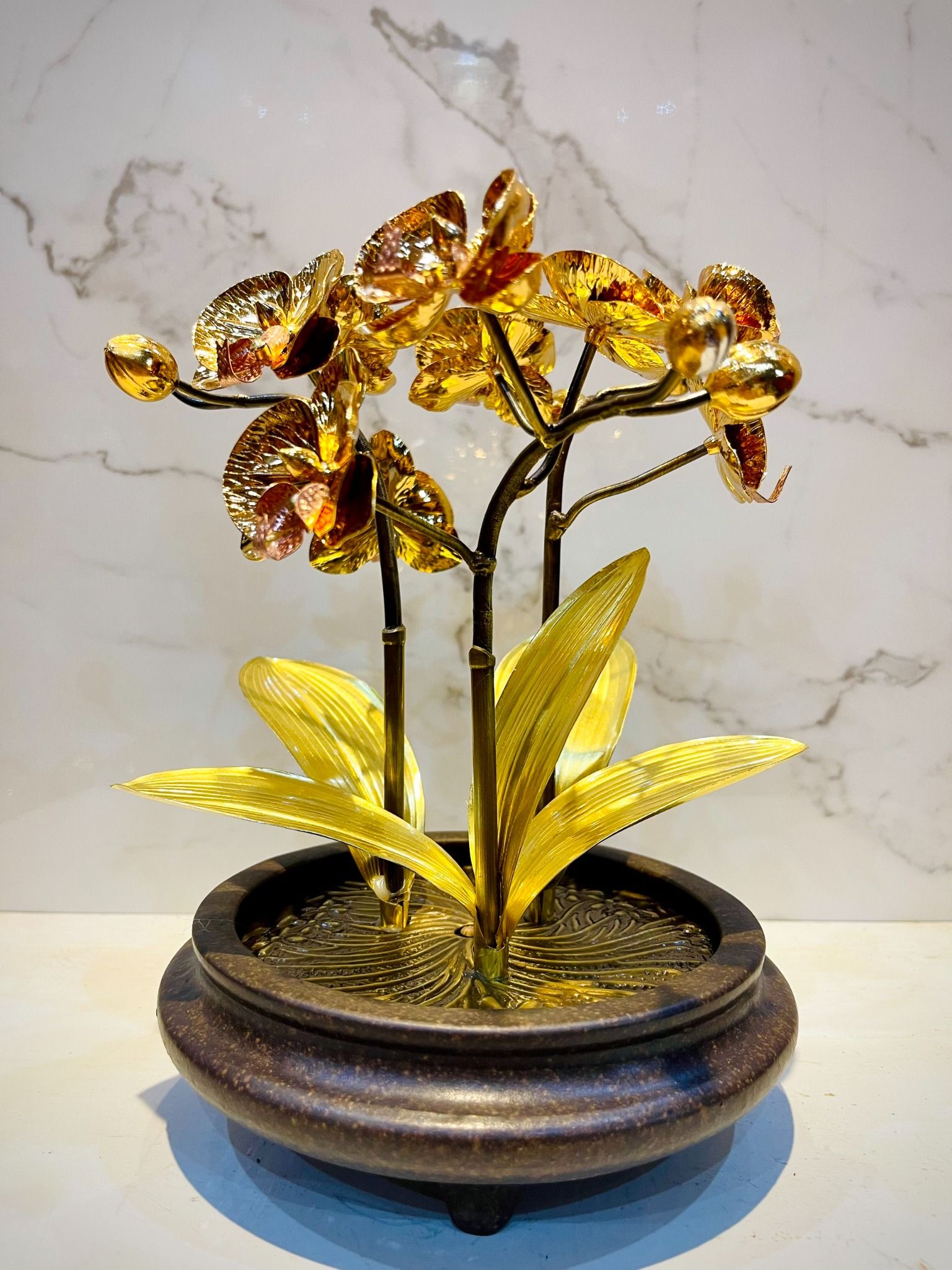 hoa lan 3 than dong vang gia co ma vang 24k cao 42cm mau 5 xuong tranh dong
