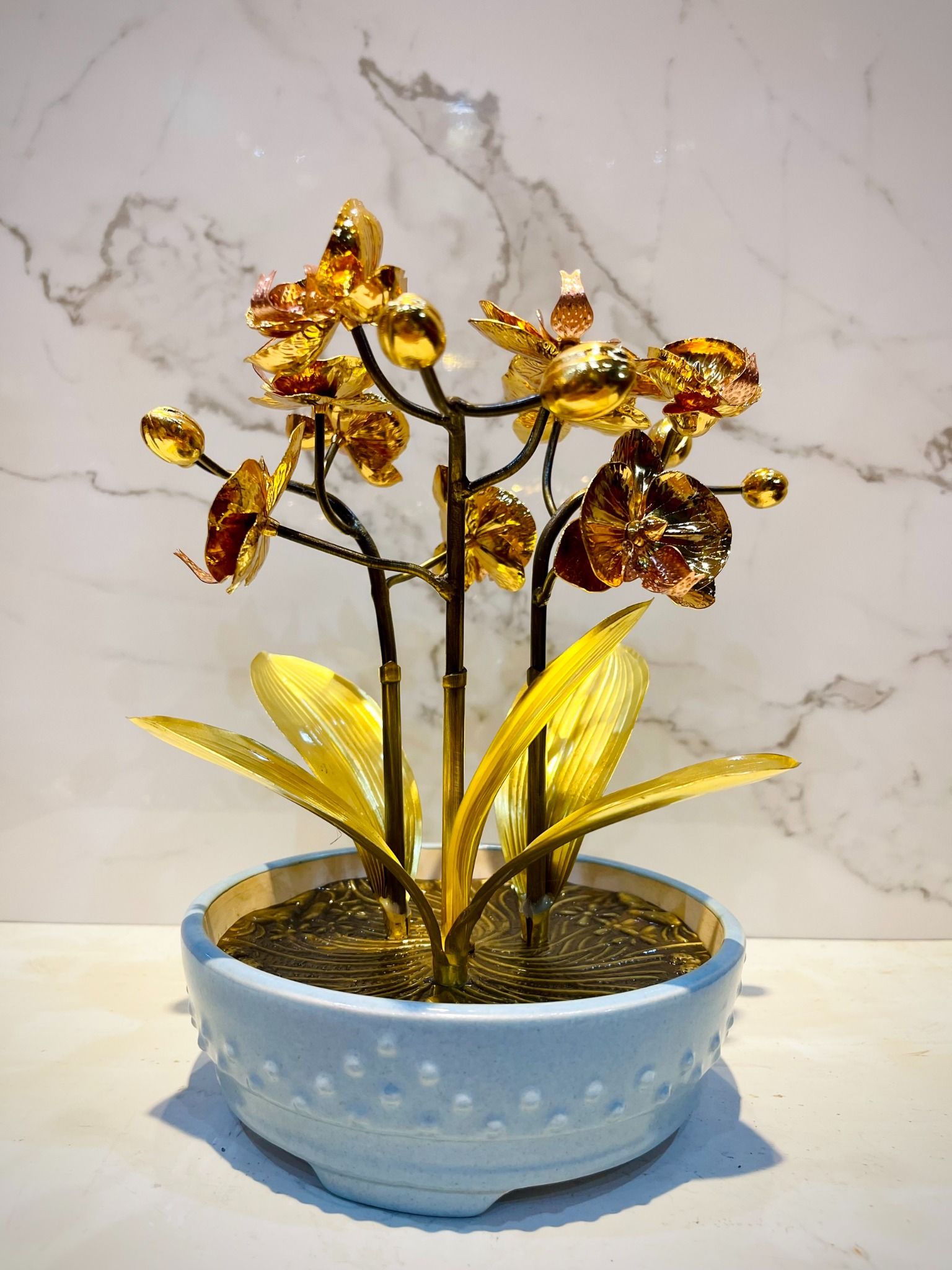 hoa lan 3 than dong vang gia co ma vang 24k cao 42cm mau 6 xuong tranh dong