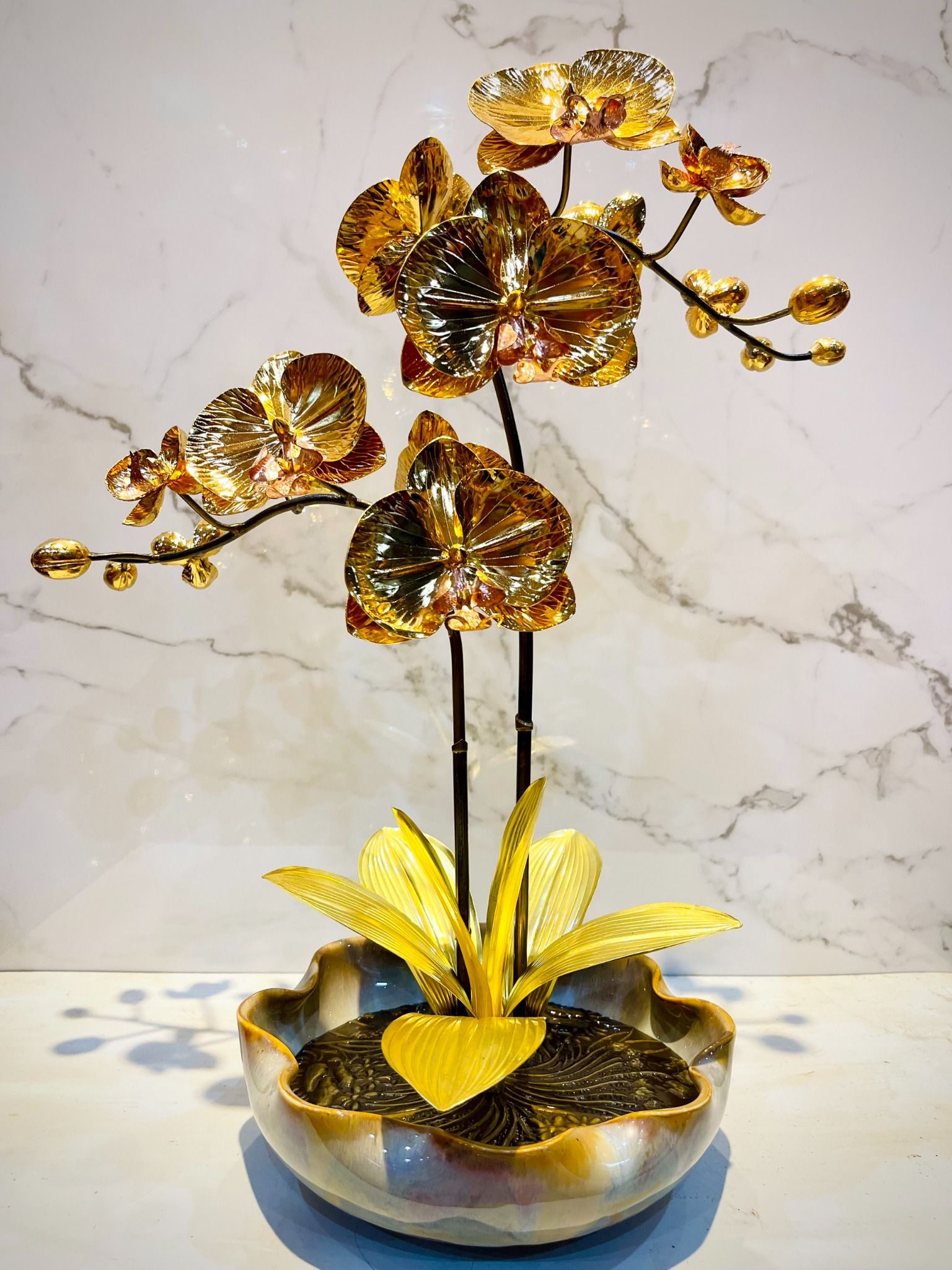 hoa lan 2 than dong vang gia co ma vang 24k cao 42cm mau 3 xuong tranh dong
