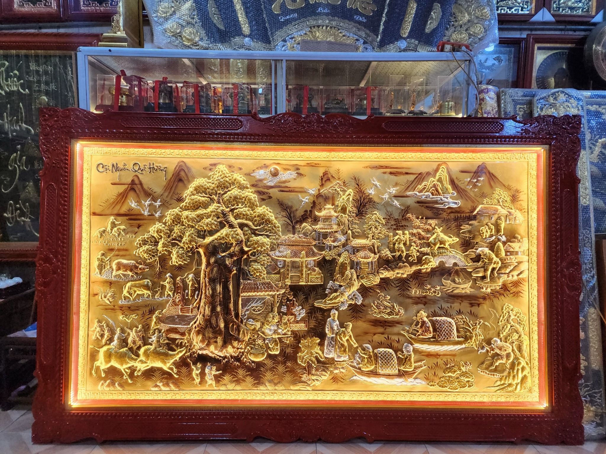 tranh coi nguon que huong bang dong vang dat vang bac khung duc hoa van kt 2m55x1m55
