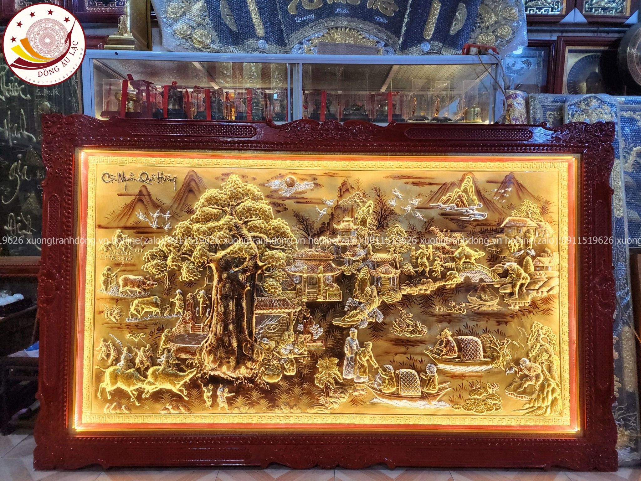 tranh coi nguon que huong dong vang nen xuoc dat vang bac khung duc 1m55x2m55 xuong tranh dong