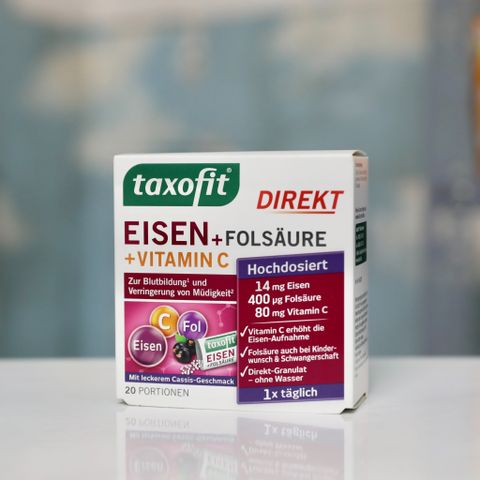  Bột bổ xung sắt TAXOFIT EISEN FOLSAURE DIREKT:  Hộp 20 gói bột, sử dụng rất dễ và tiện lợi lại hiệu quả nhanh 