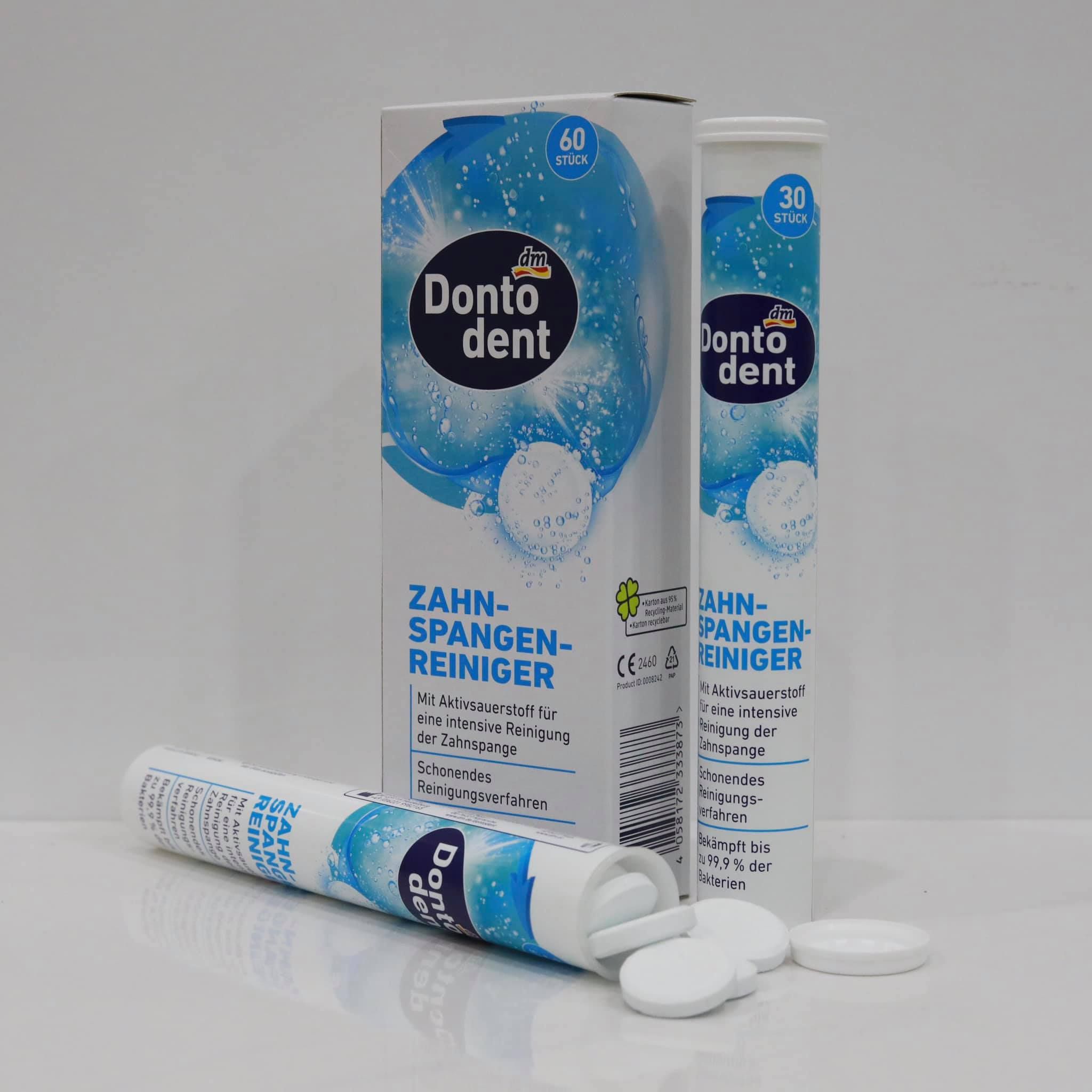  Viên vệ sinh khay niềng răng, dụng cụ cố định hàm, răng giả Dontodent, hộp 2 ống x 30 viên 