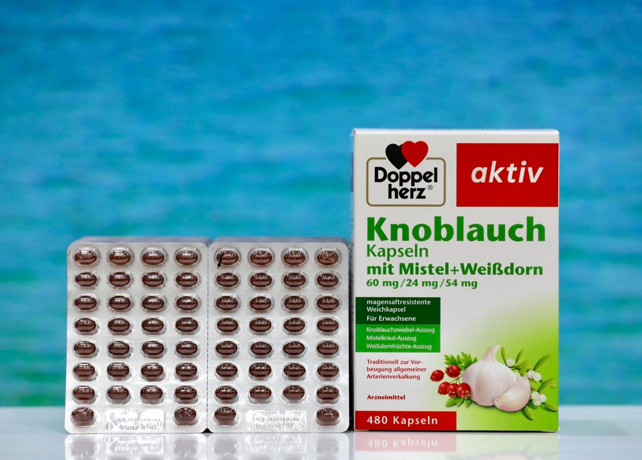  Viên uống bổ tim mạch của hãng Doppel herz aktiv Knoblauch Kapseln mit Mistel + WeiBdorn, hộp 480 viên 