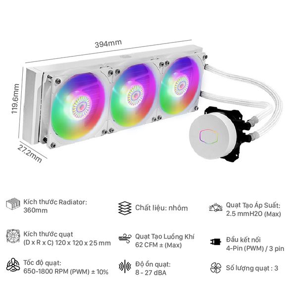 Tản nhiệt nước CPU Cooler Master MasterLiquid ML360L ARGB V2 White Edition