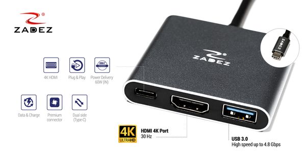 Bộ Chia Zadez Type C 3 in 1 ra HDMI , USB 3.0 , 1  Đầu Sạc type C