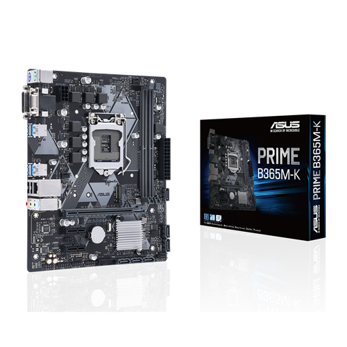 Mainboard ASUS PRIME B365M-K  - Chuẩn mainboard: Micro-ATX - Socket: LGA 1151-v2 , Chipset: B365 - Hỗ trợ RAM: DDR4 , tối đa 32GB - Cổng cắm lưu trữ: 1 x M.2 SATA/NVMe; 6 x SATA 3 6Gb/s - Cổng xuất hình: 1 x DVI-D; 1 x VGA/D-sub