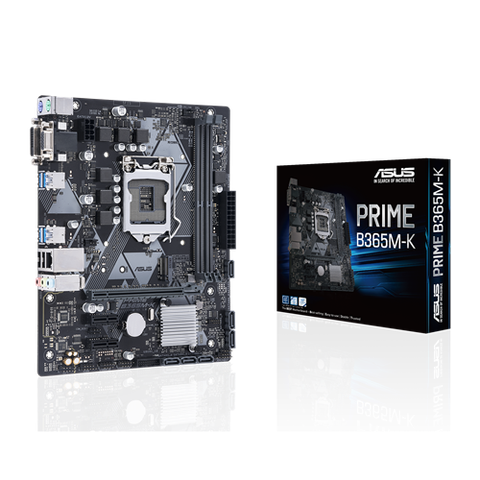 Mainboard ASUS PRIME B365M-K  - Chuẩn mainboard: Micro-ATX - Socket: LGA 1151-v2 , Chipset: B365 - Hỗ trợ RAM: DDR4 , tối đa 32GB - Cổng cắm lưu trữ: 1 x M.2 SATA/NVMe; 6 x SATA 3 6Gb/s - Cổng xuất hình: 1 x DVI-D; 1 x VGA/D-sub