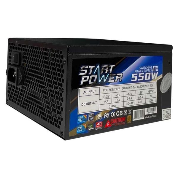 Nguồn Start Power - Công suất 550W - hiệu suất cao - Hệ thống cáp: 1 x 24-pin Main, 1 x 8-pin (4+4) EPS, 2 x 6-  pin PCIE, 2 x 8-pin (6+2) PCIE, 4 x Peripheral (4-pin),  4 x SATA