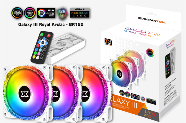 Quạt XIGMATEK GALAXY III ROYAL ARTIC - BR120 ARGB (EN46881): HUB FAN (PACK x3, CONTROLLER, POWER HUB) Trắng
