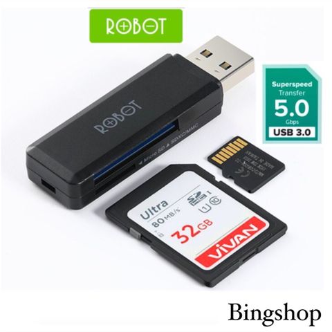 Thiết Bị Đọc Thẻ Nhớ ROBOT CR102 Chuẩn USB 3.0 Tốc độ truyền tải nhanh khe cắm thẻ nhớ SD/MicroSD - Hàng Chính Hãng