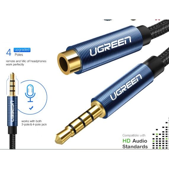 Cáp nối dài âm thanh AUX 3.5mm 1.5M Ugreen 40674 bọc Nylon cao cấp (hỗ trợ Mic)