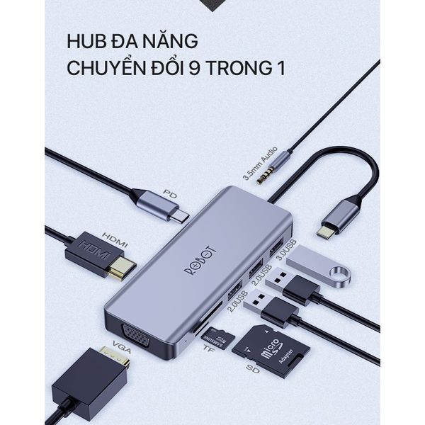 Bộ Chia USB HUB 9 trong 1 HT390 Thiết bị chuyển đổi đa năng MacBook Laptop