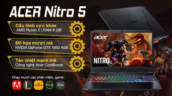 Laptop Acer Nitro 5 Gaming AN515 45 R6EV (NH.QBMSV.006) R5 5600H/8GB/512GB/4GB GTX1650/15.6