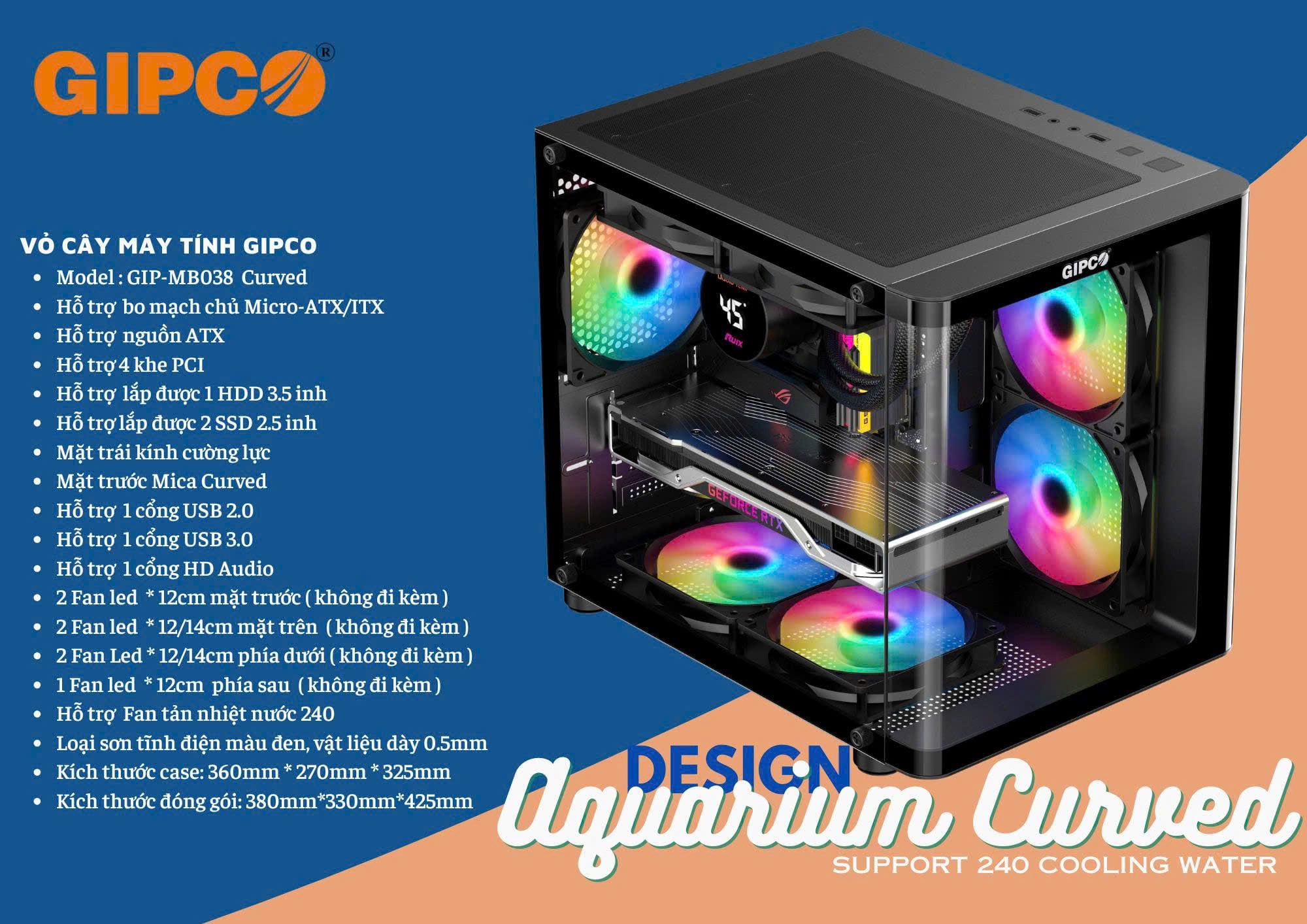 Vỏ Case Máy Tính GIPCO MB038 Curved Góc Bo Tròn - Màu Đen - Không kèm FAN