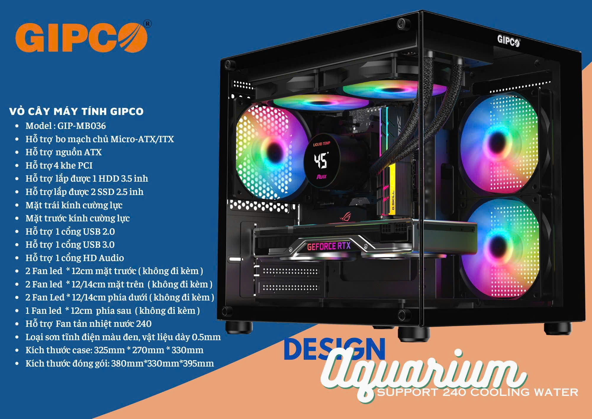 Vỏ Case Máy Tính GIPCO MB036 Góc vuông - Màu Đen - Không kèm FAN