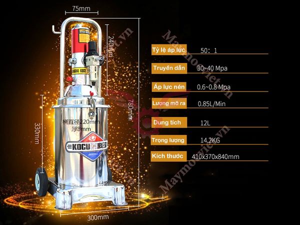 Máy bơm mỡ khí nén Kocu US-8 bình 12L inox