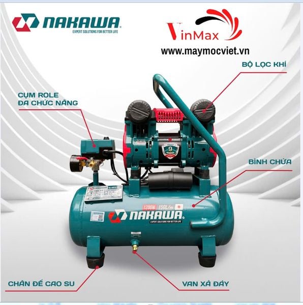 Máy Nén Khí Không Dầu Tốc Nhanh Siêu Êm 1200W 15L Nakawa NK-BH1615E