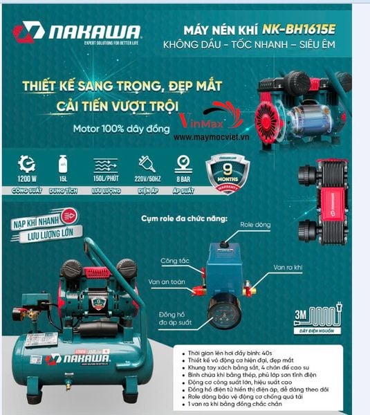 Máy Nén Khí Không Dầu Tốc Nhanh Siêu Êm 1200W 15L Nakawa NK-BH1615E
