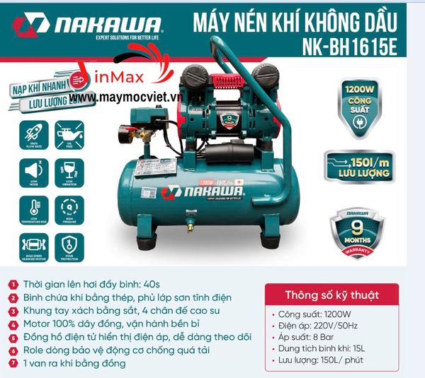 Máy Nén Khí Không Dầu Tốc Nhanh Siêu Êm 1200W 15L Nakawa NK-BH1615E