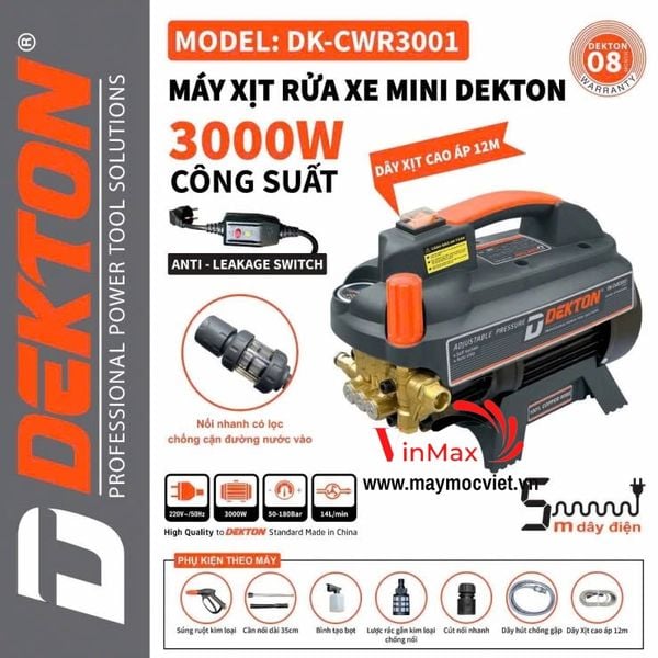 Máy rửa xe Dekton 3000W DK-CWR3001 cam xám chống giật