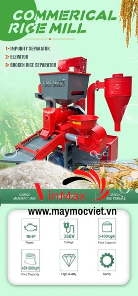 Máy xát gạo liên hoàn 3 pha có đầu nghiền gàu tải tự hút thóc Vinmax VMXN600