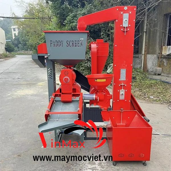 Máy xát gạo liên hoàn 3 pha có đầu nghiền gàu tải tự hút thóc Vinmax VMXN600