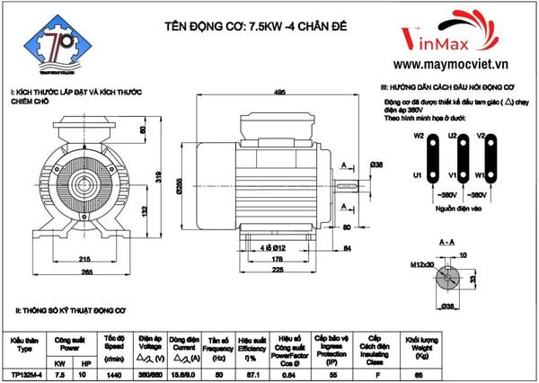 Động cơ điện, motor Toàn Phát 3 pha 7.5kw ( 10hp )