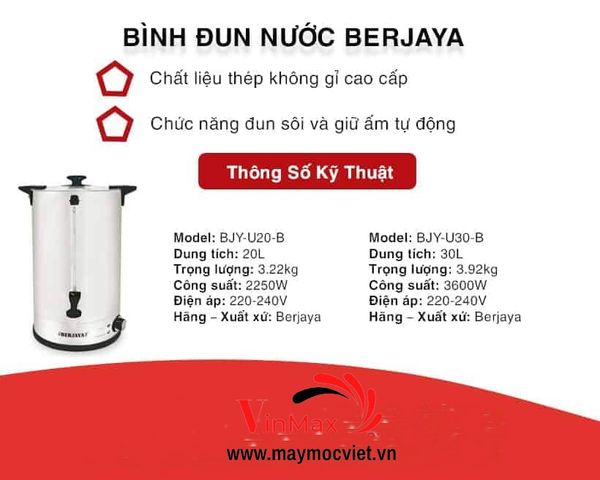 Bình đun nước dùng điện Berjaya BJY-U20-B 20 Lít