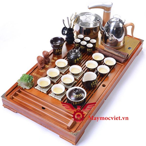 Bàn trà điện thông minh VinMax GSN79 gỗ sồi Nga chén sứ thư pháp