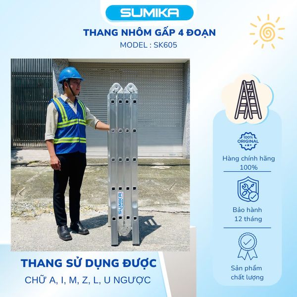 Thang nhôm gấp 4 đoạn SUMIKA SK605, chữ A cao 2.9m, chữ I cao 5.8m