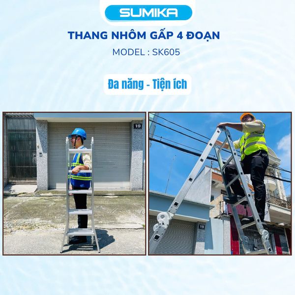 Thang nhôm gấp 4 đoạn SUMIKA SK605, chữ A cao 2.9m, chữ I cao 5.8m