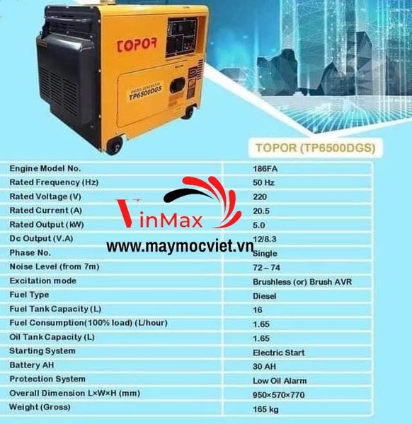 Máy phát điện 5kw chạy dầu Toper TP6500DGS