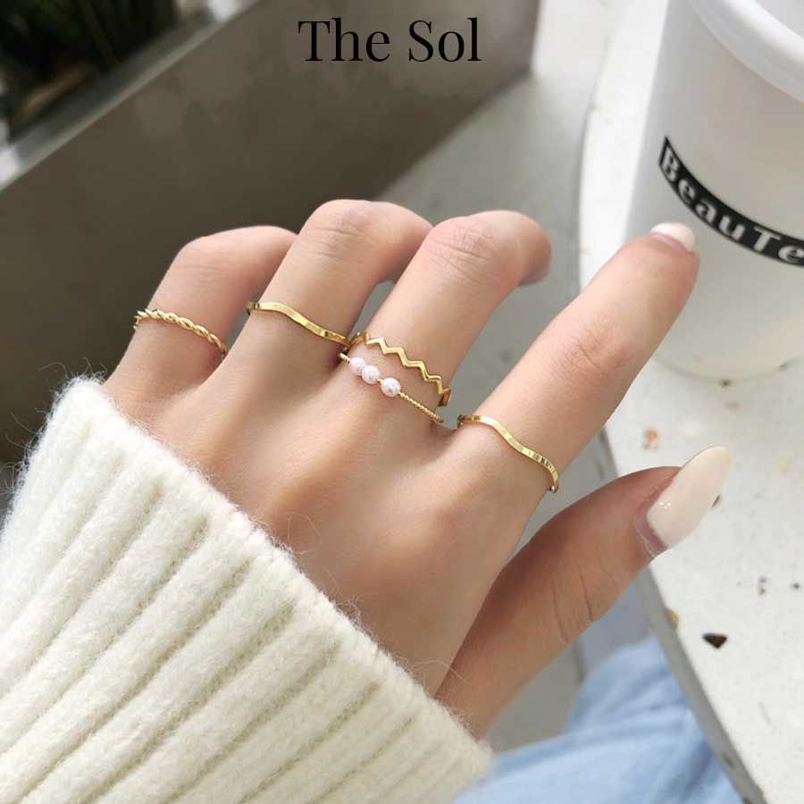  Set Nhẫn Hàn Quốc Triple Pearl - Bộ 5 Chiếc 