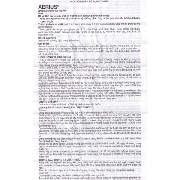 Thuốc Aerius 0.5mg/ml MSD điều trị viêm mũi dị ứng (60ml)