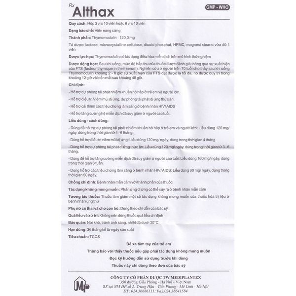 Thuốc Althax 120mg Mediplantex tác dụng điều hòa miễn dịch (3 vỉ x 10 viên)