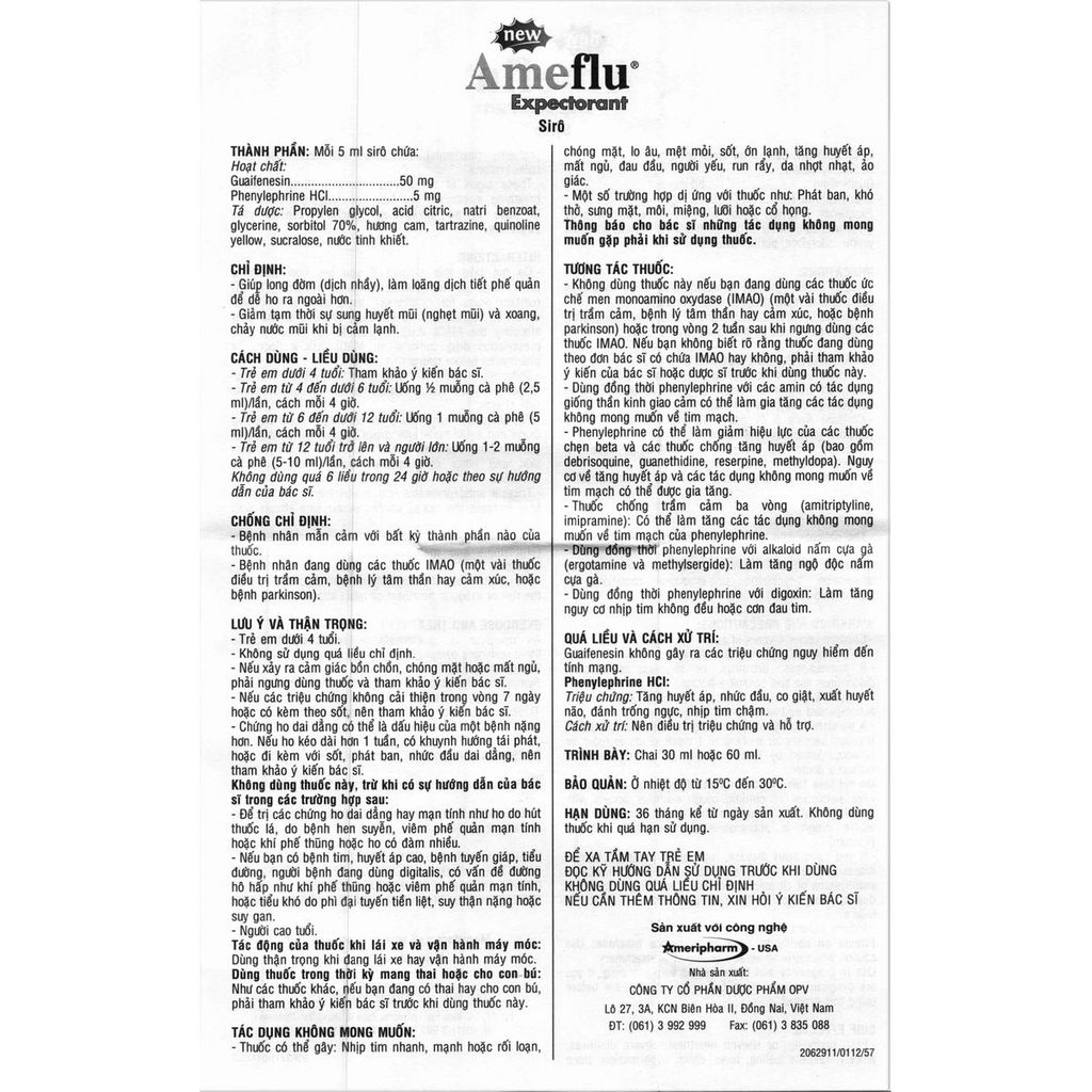 Sirô Ameflu Expectorant OPV hỗ trợ điều trị nhức đầu, đau họng, thông mũi (60ml)