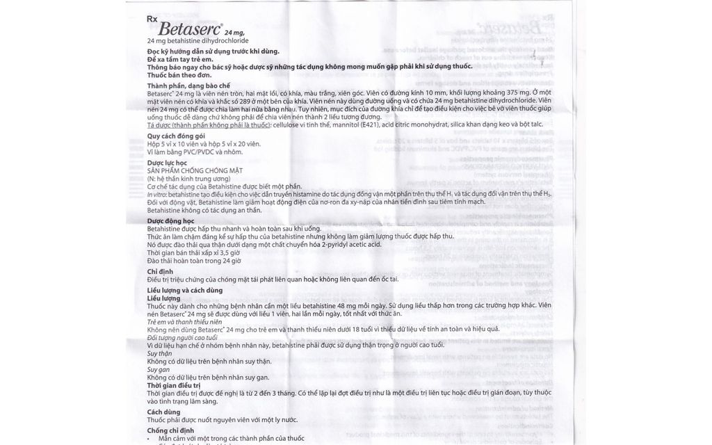 Thuốc Betaserc 24mg Abbott điều trị hội chứng chóng mặt (50 viên)
