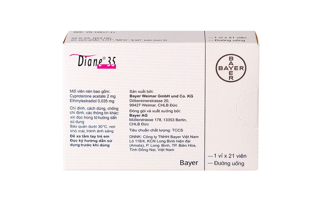 Thuốc Diane 35 Bayer điều trị mụn trứng cá mức độ vừa đến nặng (1 vỉ x 21 viên)