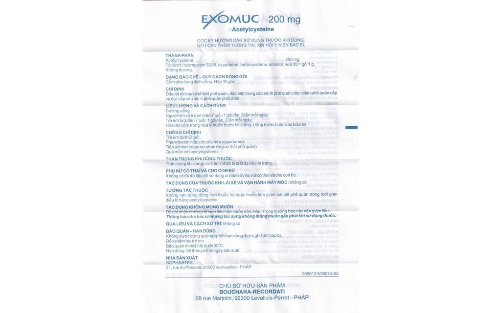 Thuốc Exomuc 200mg Sophartex điều trị rối loạn chất tiết viêm phế quản (30 gói)